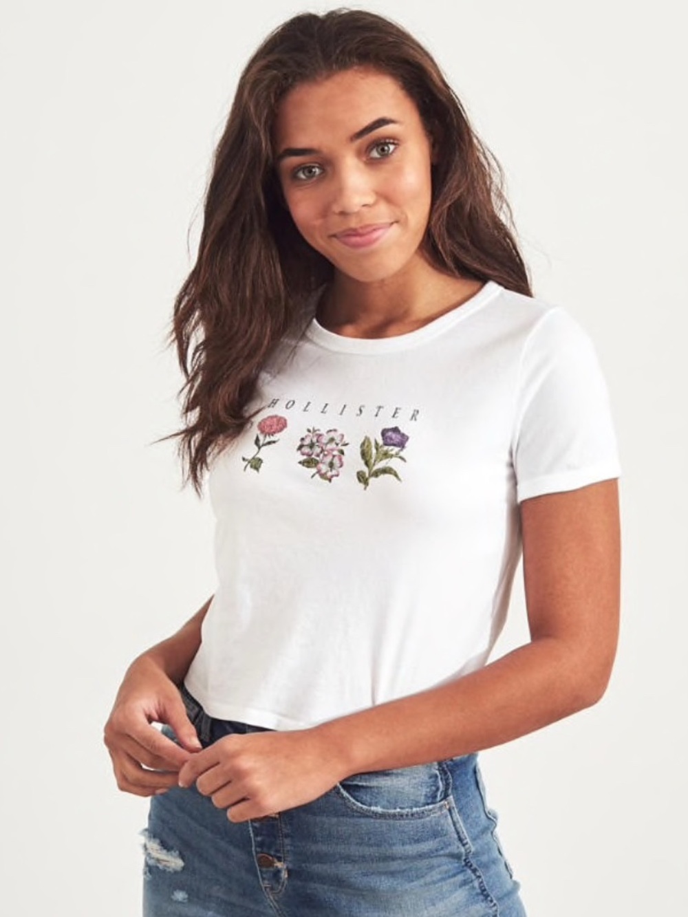 Hollister White Crewneck Tee with Floral Logo
